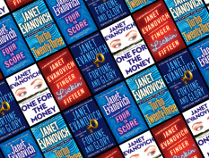 Graphic featuring various Janet Evanovich covers