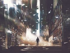Person standing in a magical library